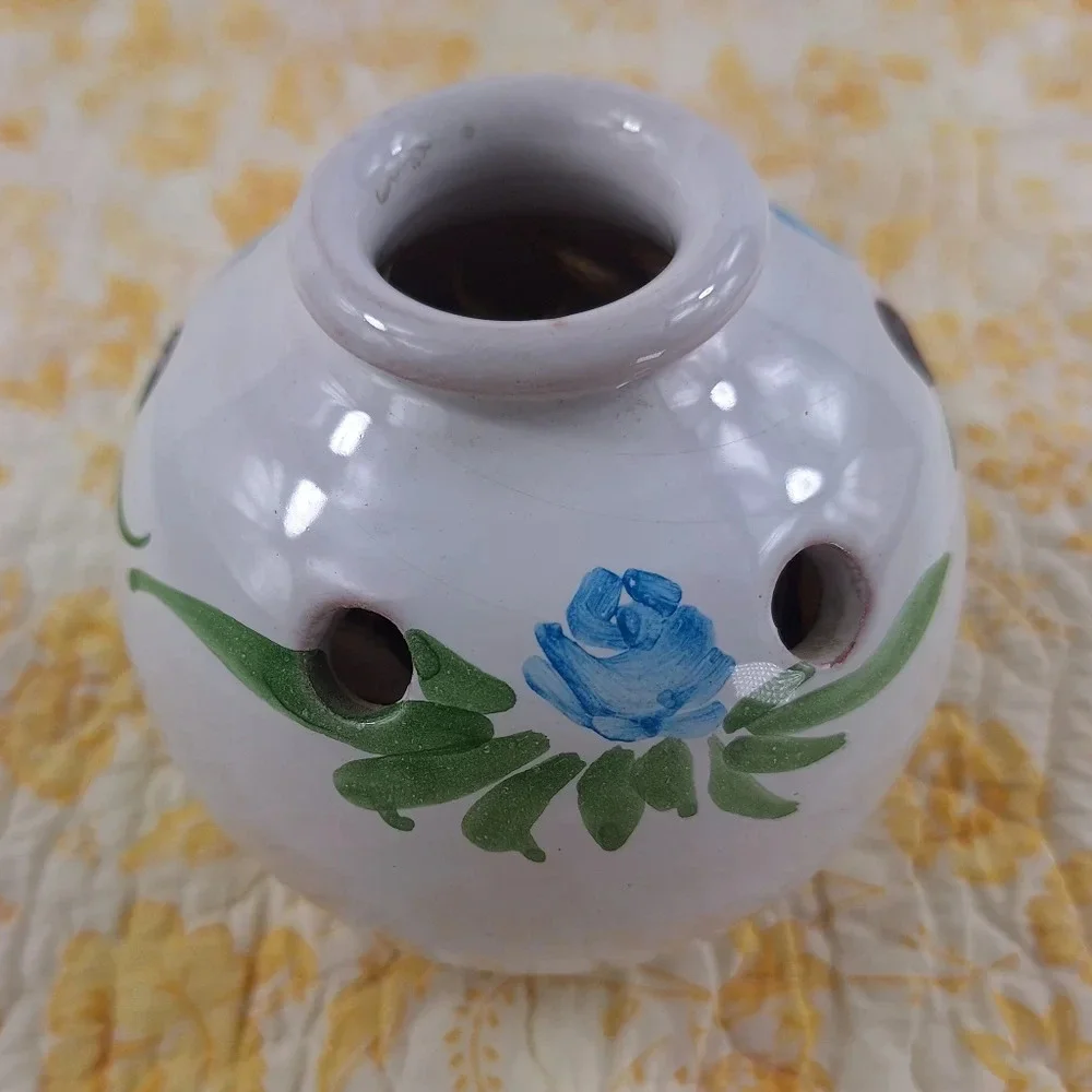 Pique-Fleurs Made In France Hand Painted Vase 6 Holes Blue Flower/Green Leaves